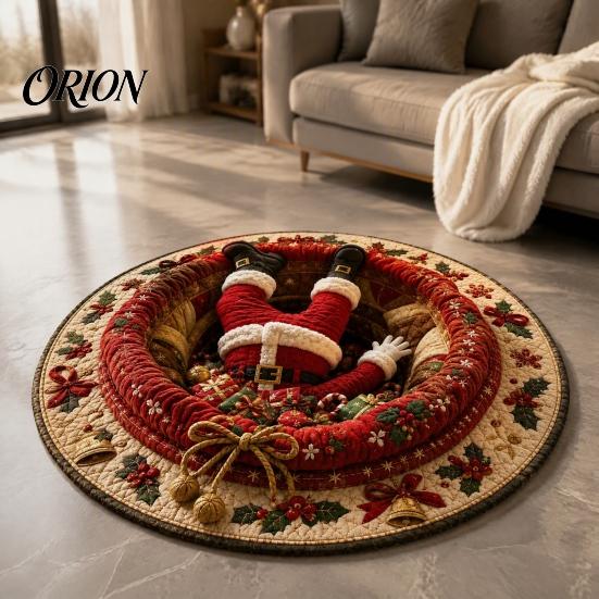 Retro Style Floor Pad Christmas Round Area Rug, 3D Optical Illusion Carpet, Stain & Wear Visual Rug Resistant Throw for Living Room Sofa Bedroom