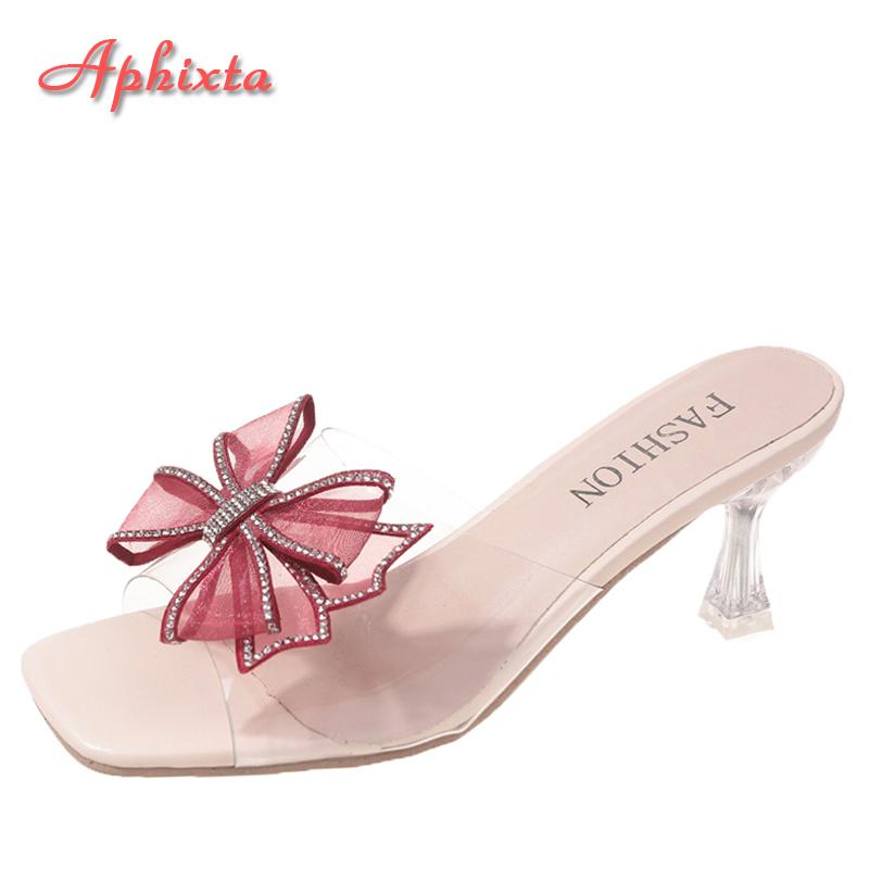 Fashion Aphixta 2025 Summer 7cm Transparent Thin Heel Flip Flops Women Luxury Crystals Bow-tie Design Open Toe Slides Sandals Cool Shoes