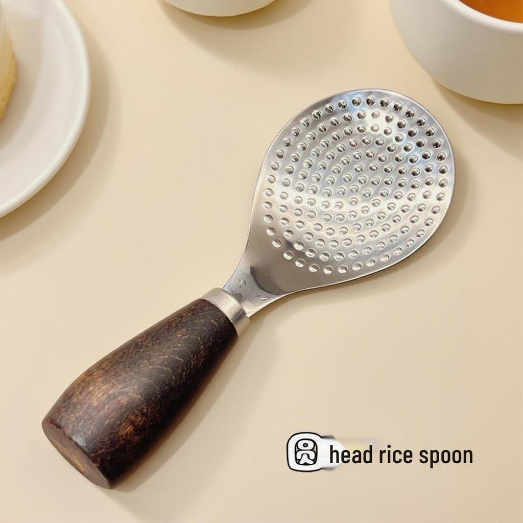 304 Stainless Steel Non-Stick Rice Spoon with Wooden Handle, Standable Design for Home Use