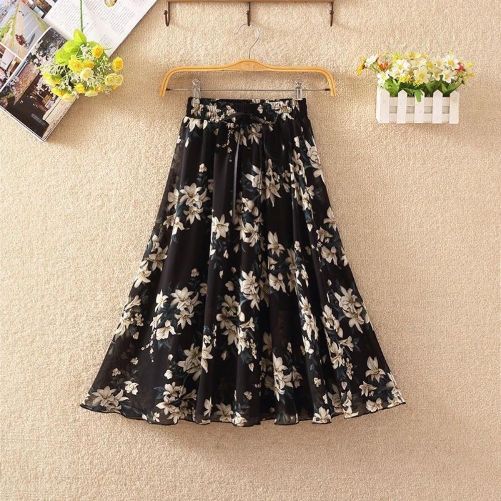 

Qooth Women A Line Flower Chiffon Skirt Wide Hem Mid Length Elastic Waist Casual Skirt QT2665 XXL