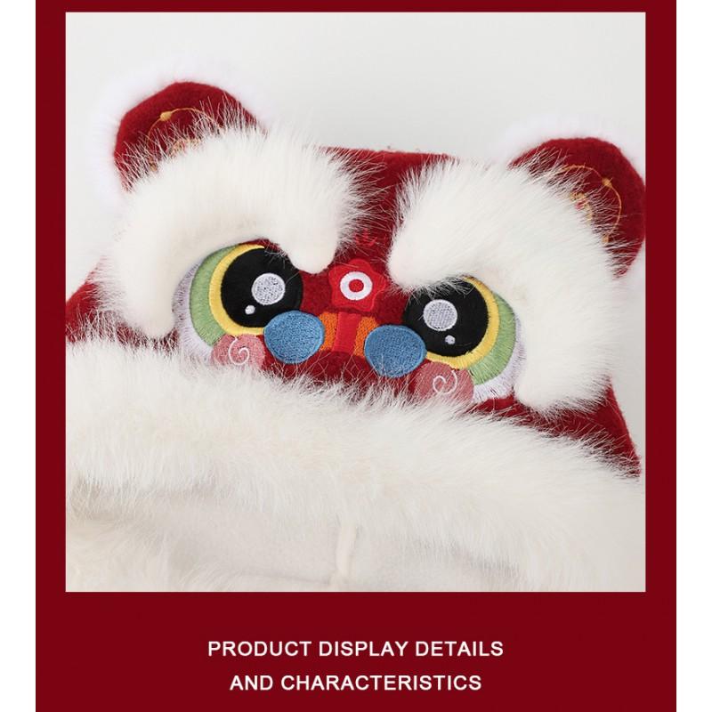 Plush Lion Dance Hat With Embroidered Red Motif Adjustable Warm Ear Cover Winter