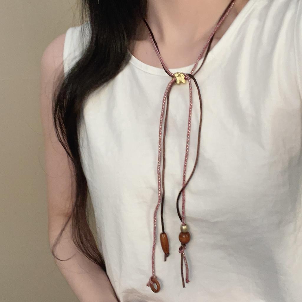Ethnic style woven necklace female niche personality design collarbone chain retro simple dzi beads beaded sweater chain accessories