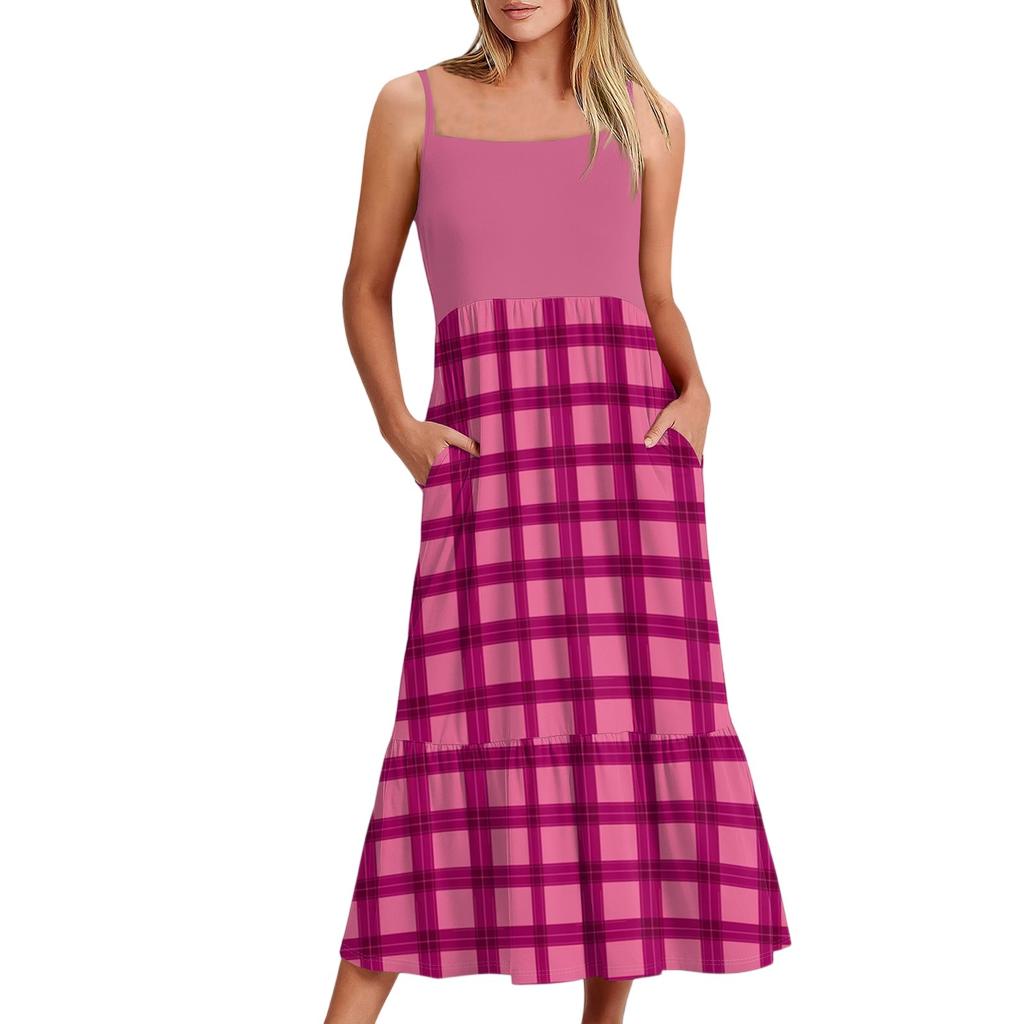 Women's Long Beach Casual Elegant Spaghetti Strap Maxi Dress Plaid Print Low-key Flowing Bohemian Dress