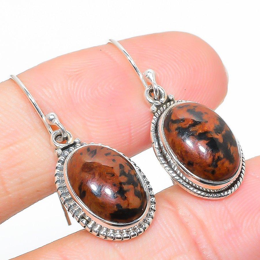 Natural Mahogany Obsidian Gemstone 925 Solid Sterling Silver Earring 1.25" R9P53