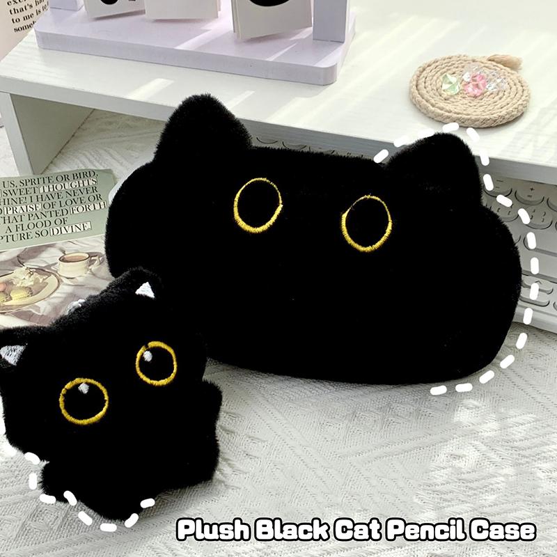 Trousse à crayons en peluche avec chat noir mignon, sac à crayons en forme d'animal de dessin animé, sac de rangement de papeterie de grande capacité, sac de rangement pour fournitures scolaires, sac de cosmétiques