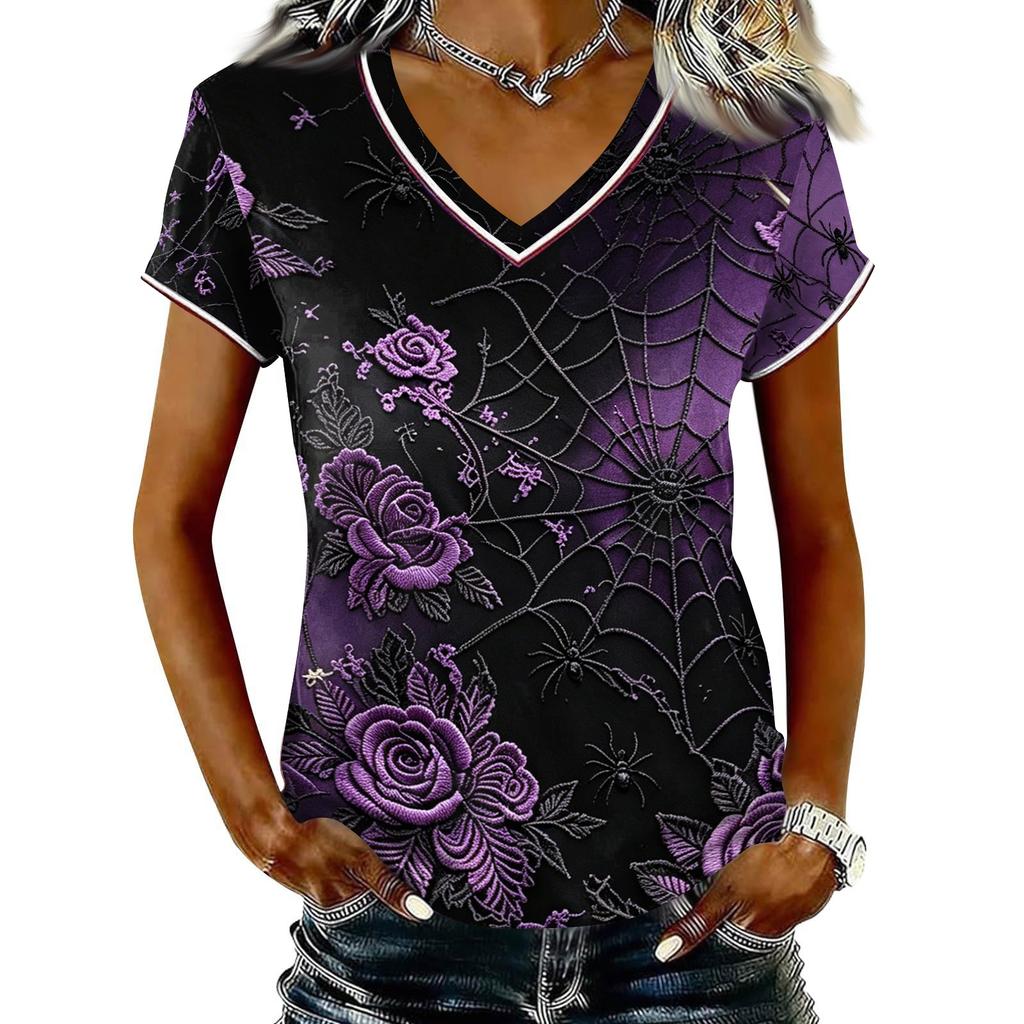 Dames Casual V-hals Korte Mouw T-shirt Halloween Print Pullover Top