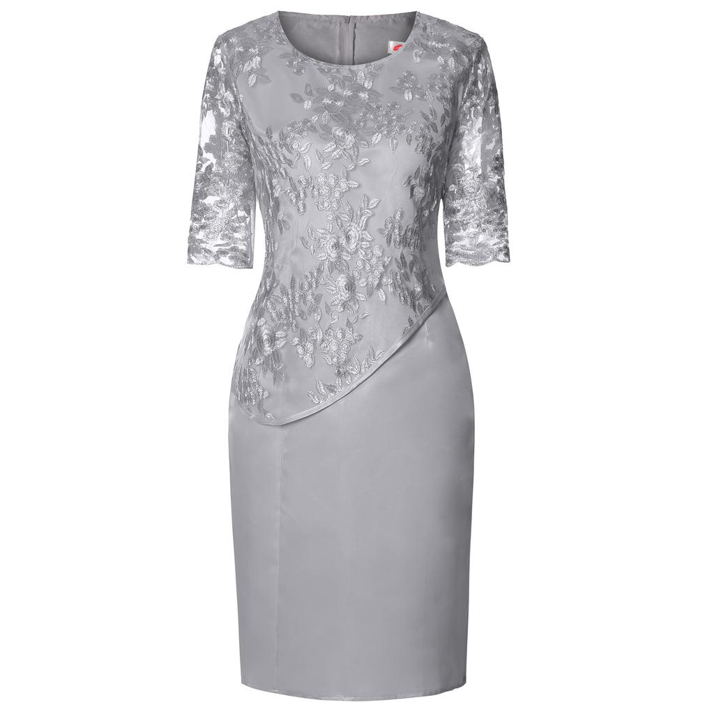 Damen Plus Size Spitze Patchwork Zweiteiliges Midi-Kleid Elegant 3/4 Ärmel Bleistift Partykleid