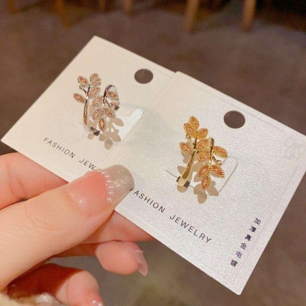 Adjustable Design Wheat Ear Leaf Rings Silver Color Leaves Ring Zircon Rings  Women's Jewelry