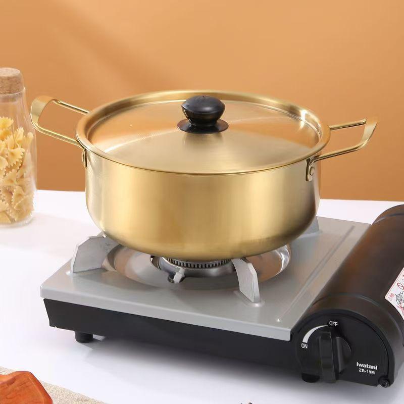 Korean Style Ramen Pot Stainless Steel With Lid Soup Pot Gold Plated Double Ear Hot Pot Camping Cookware