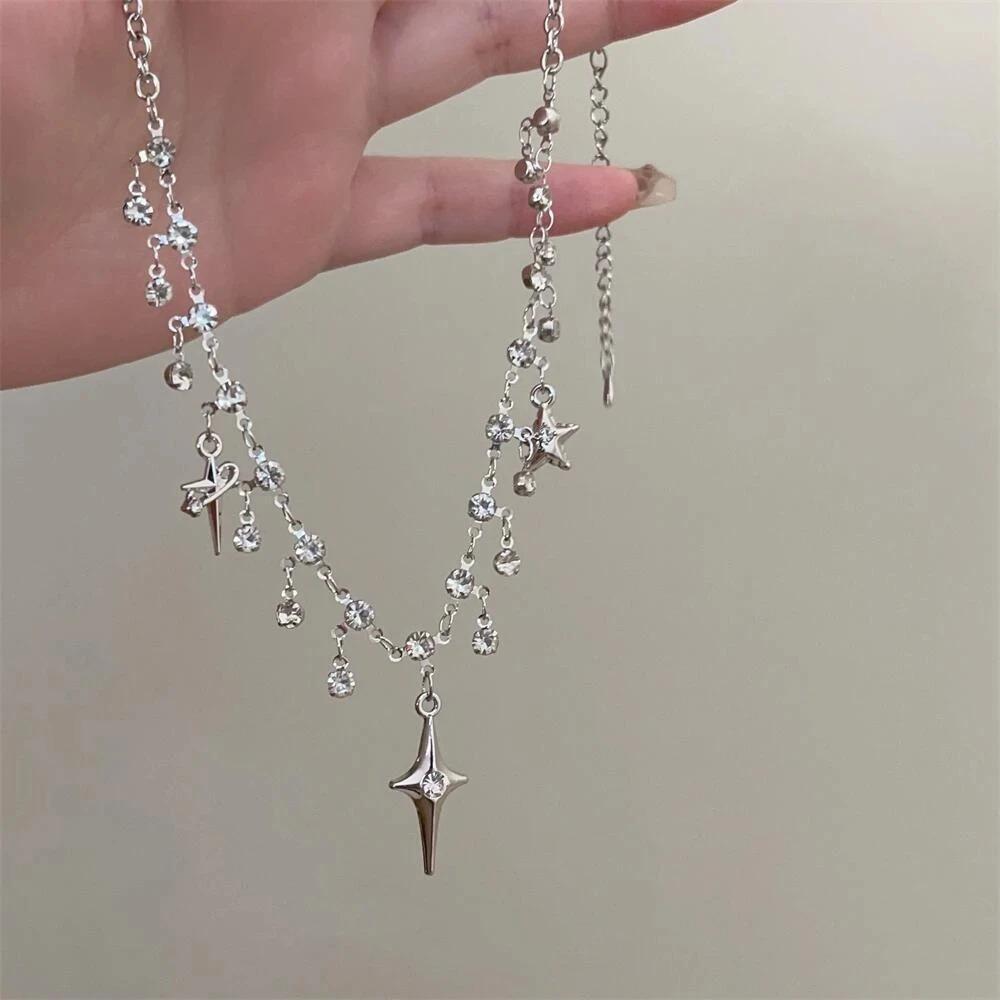 Fashion Chic Cross Crystal Zircon Pendant Tassel Necklace for Women Girls Clavicle Chain Accessories Aesthetic Jewelry