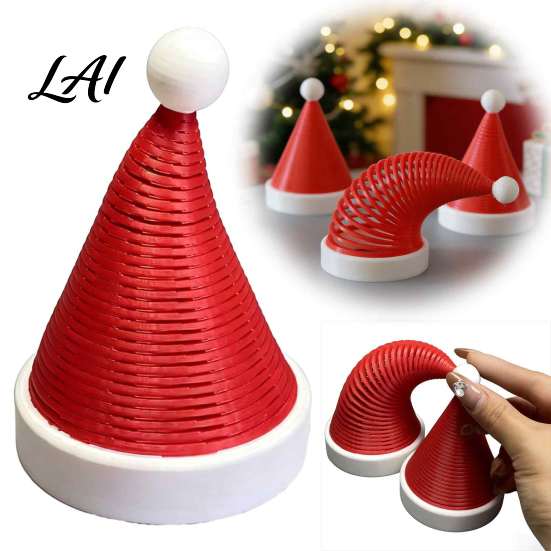 Small Statues for Home 3D Printed Flexible Spring Santa Hat Figurine Retractable Spiral Coil Christmas Toys Desktop Ornament with White Base Novelty