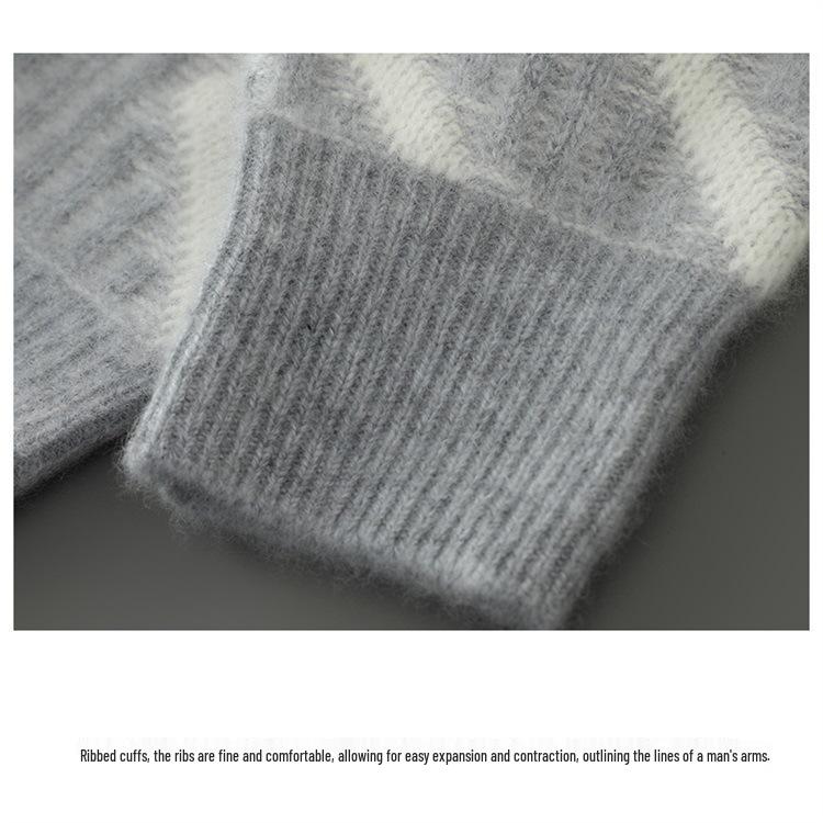 Men's Thick Wool Color Block Sweater - Casual Round Neck Knit Pullover for Autumn & Winter