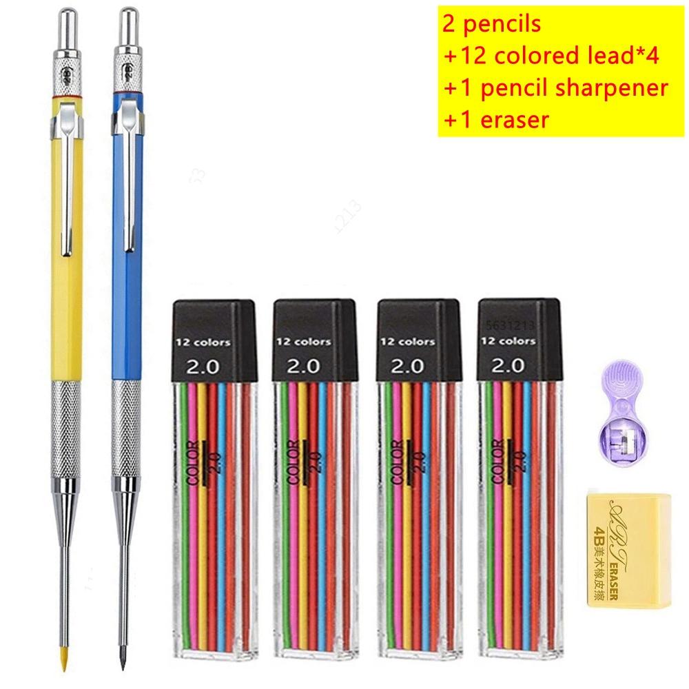30mm Deep Hole Long Nib Mechanical Pencil Set Solid Carpenter Woodworking Tools 2.0mm 12 Colors Refill Construction Tools