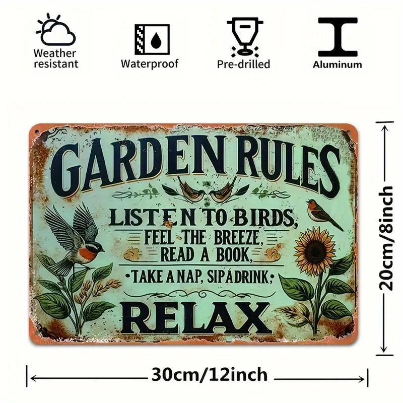 D Flat VintageStyle Garden Rules Tin Sign Relaxing Quote with Birds Sunflowers Butterflies Durable Metal Wall Art De