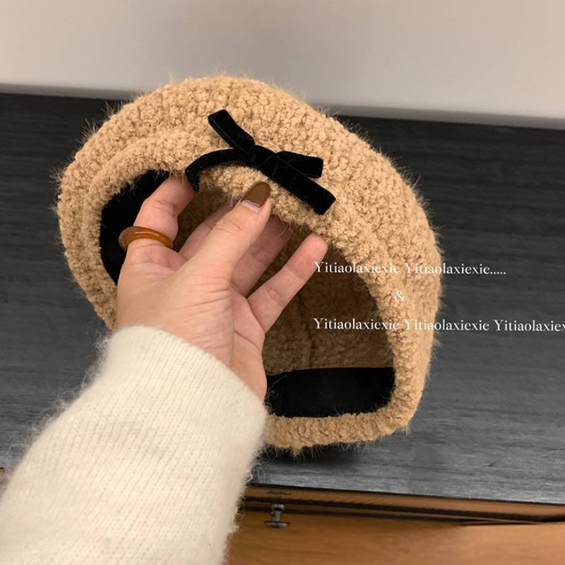 Beanie Hat Women Winter Warm Knit Cotton Blend With Bow Decor For Casual Wear