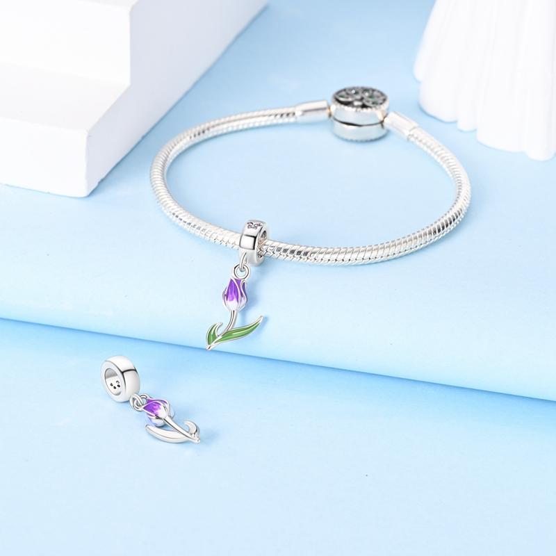 Charms Original Copper Purplettulip Pendant Plant Beads Fit Bracelet Women Jewelry Diy Fine Gift Accessory