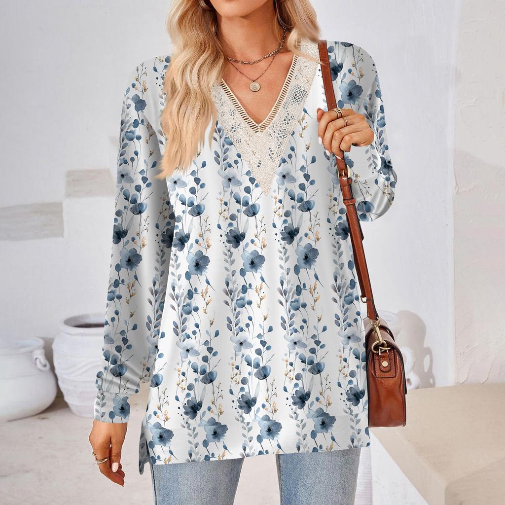 Womens Tops Loose V-neck Contrast Color Split Loose Long Sleeve T-shirt Women's Tops