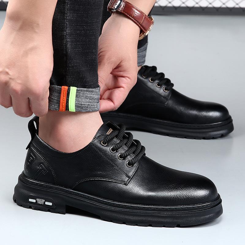Spring Derby Shoes Men's Low Top Martin Boots Round Head Big Head Shoes Black Tooling Shoes Platform Casual Leather Shoes