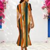 Women Plus Size V Neck Short Sleeve Multicolor Striped Printed Fitted Fishtail Dress