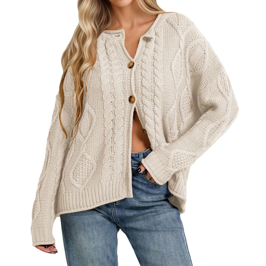 Damen Langarm Zopfmuster Strickjacke Farbe Lässiger Pullover Top