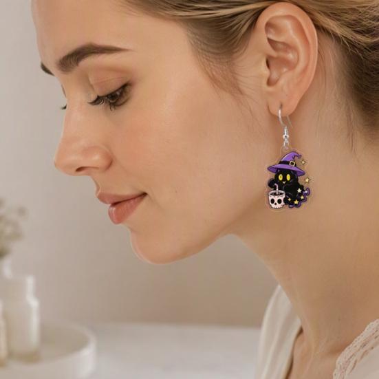 Halloween Theme Party Decor 1 Pair 2D Acrylic Earrings for Women, Spooky Pumpkin Skull Cool Aesthetic Black Cat Dangle Drop Earrings, Holiday Jewelry