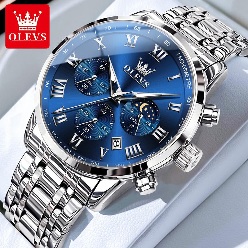 OLEVS Luxury Quartz Watch For Men Roman Scale Moon Phase Chronograph Man Watches Waterproof Luminous Calendar Wrist Watch