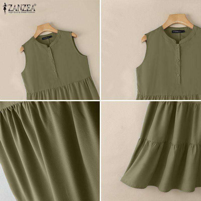 ZANZEA Women Casual Stand Collar Loose Summer Sleeveless Dress