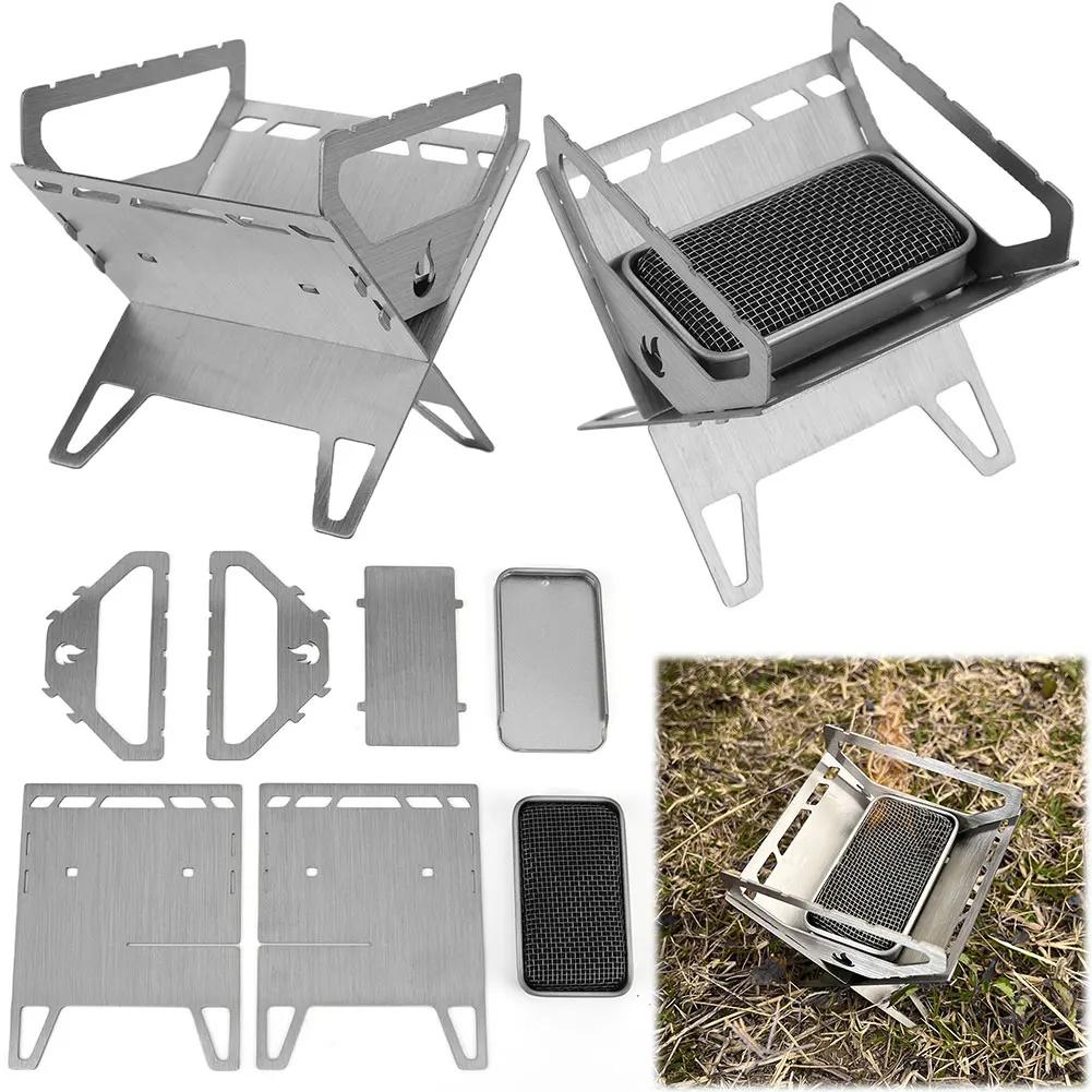 Stainless Steel Burning Camp Stove with Grill-Grid BBQ Grill Rack Set Folding Backpacking Stove for Camping Barbecue
