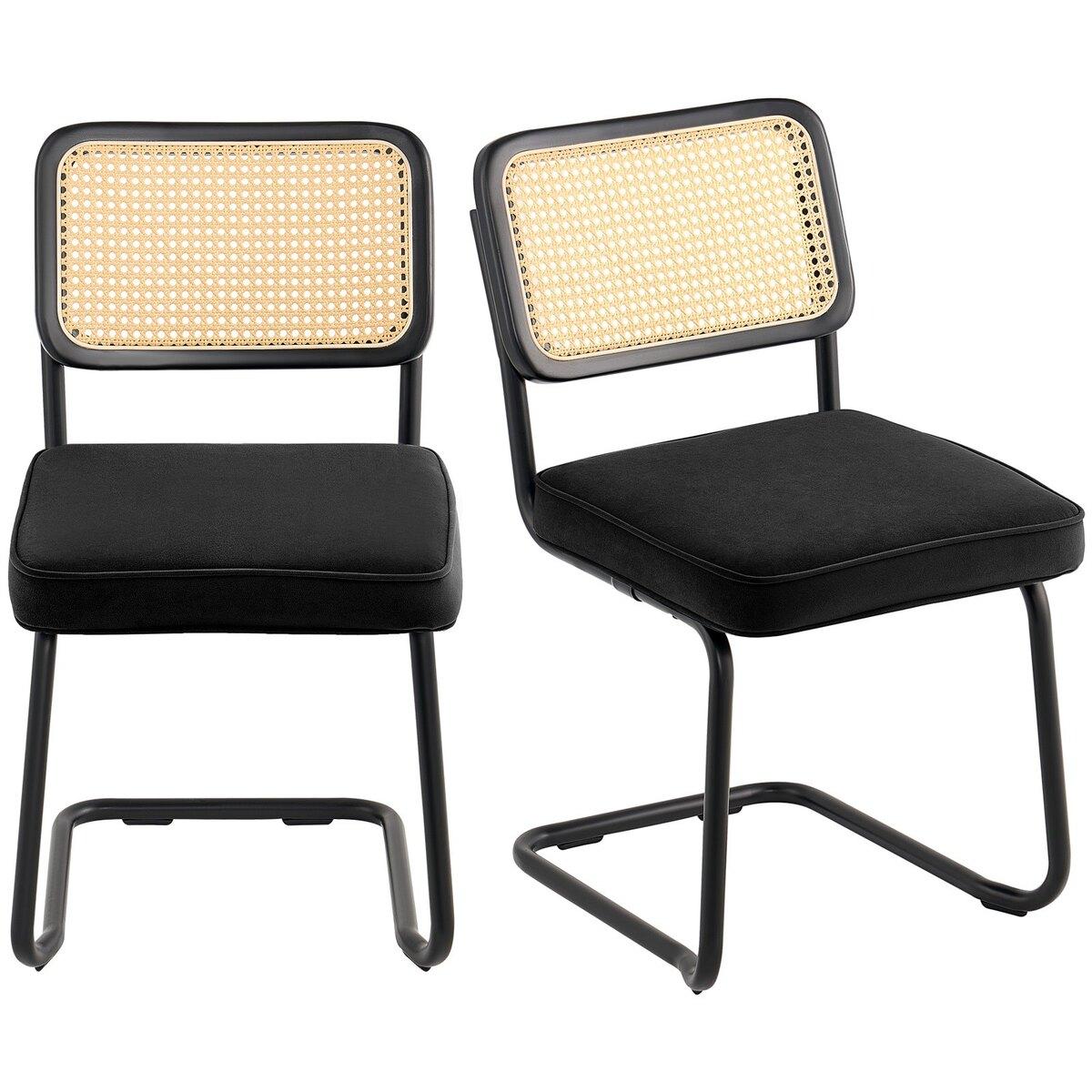 Chaises en rotin, Lot de 2, Chaise de salle à manger style moderne du milieu du siècle, Chaise d'appoint rembourrée en velours avec dossier en rotin, Chaise de salle à manger cuisine rétro pour salon