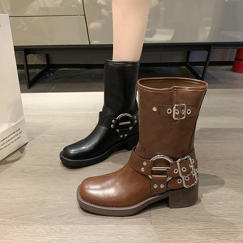 High Quality Ladies Shoes  Autumn Winter New Women's Western Cowboy Boots Retro Brown Belt Buckle Round Head High Boots