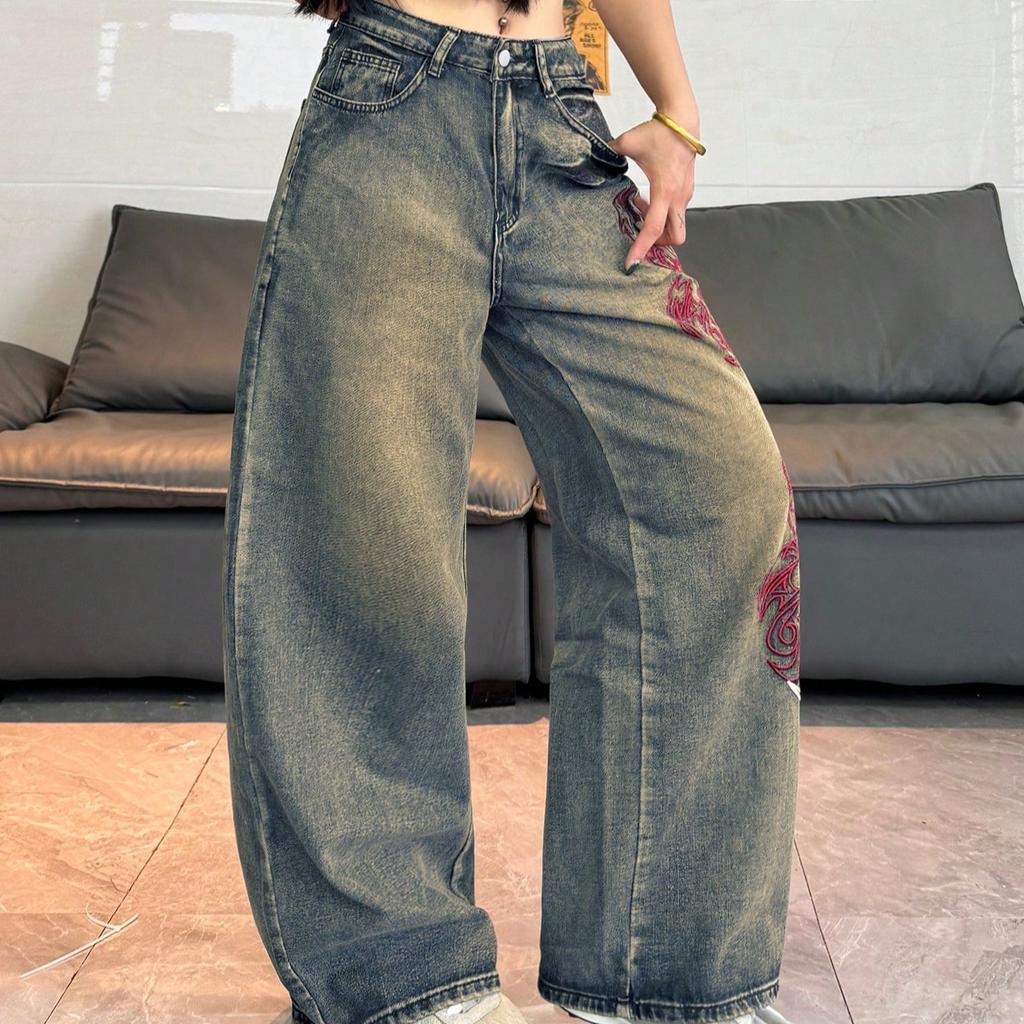 Jeans larghi da donna vintage lavaggio fango, ricamo astratto laterale, vita alta, pantaloni baggy Y2K