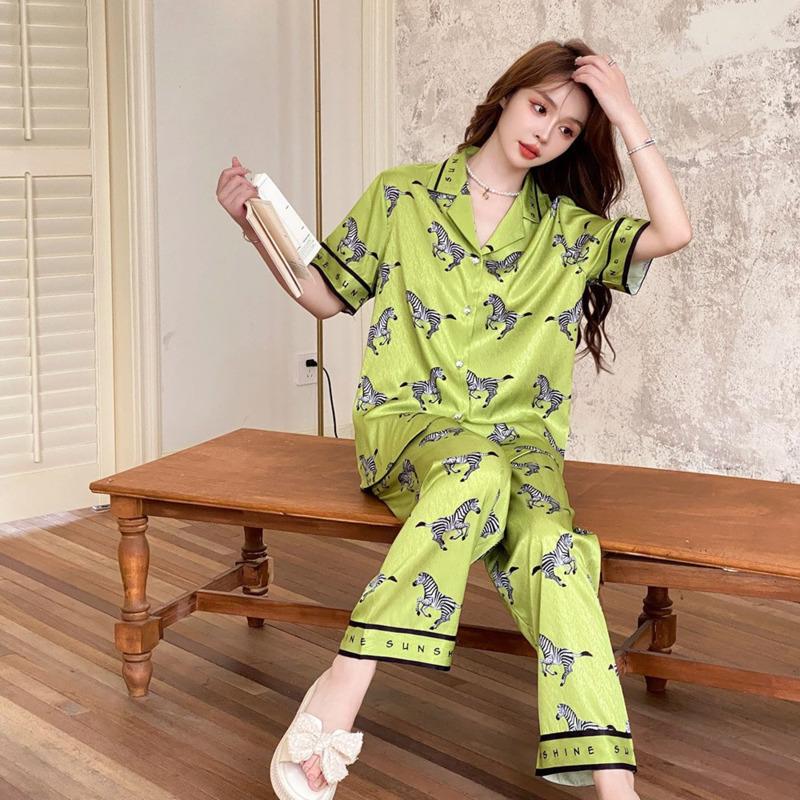Ice Silk Pajamas Women's Pajamas Short Sleeve Long-cut Pants Thin Set Green Herringbone Zebra Relaxed Pajamas Set