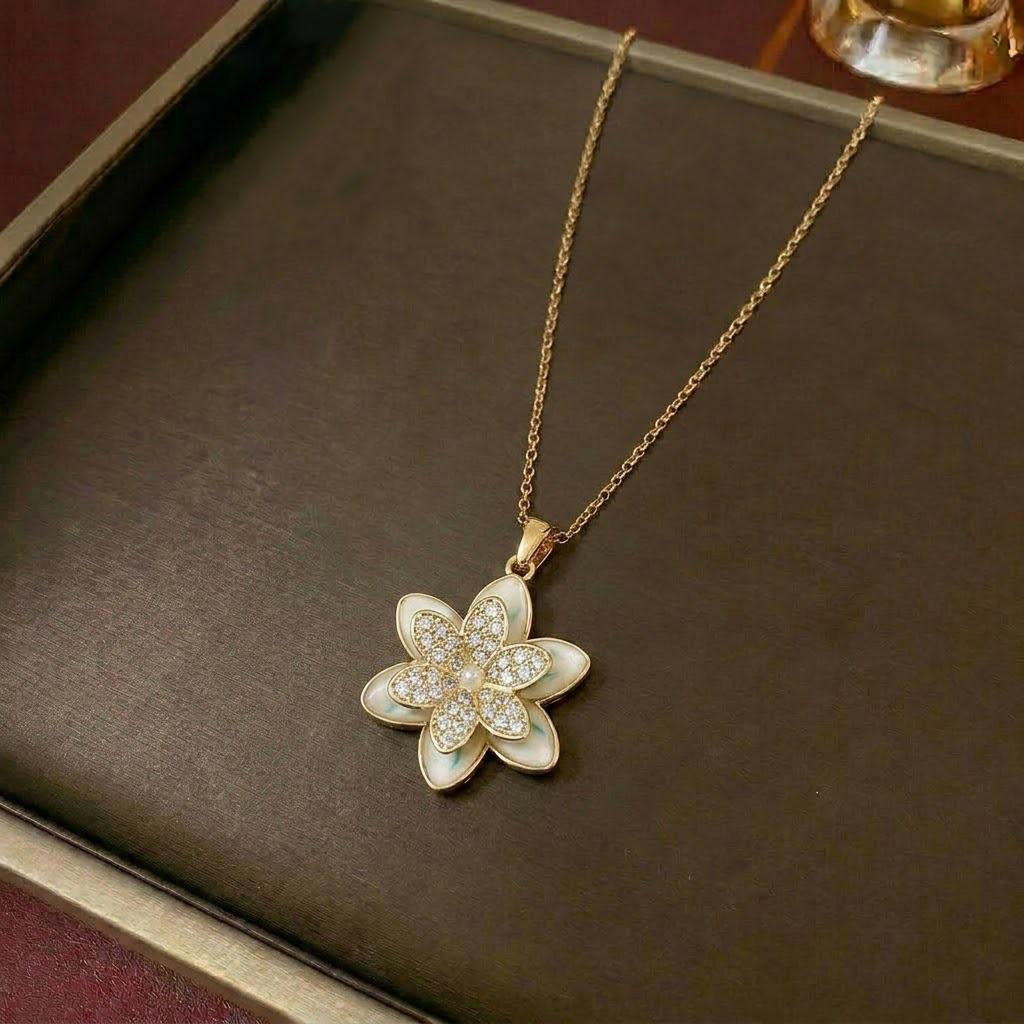 Women's Fashion Necklace & Bracelet Set: Flower Pendant, Diamond Bauhinia Earrings