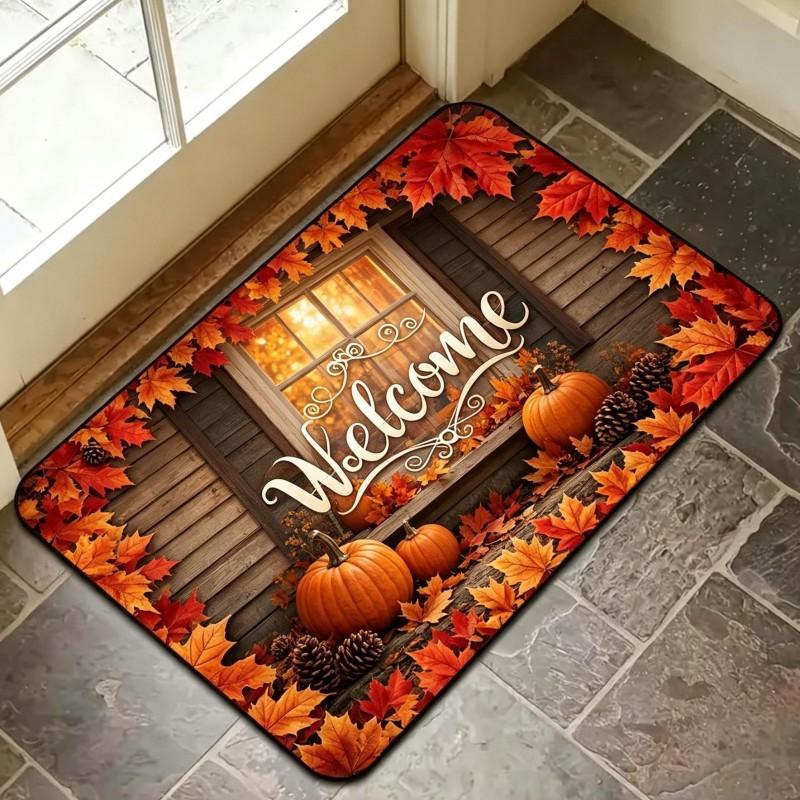 Autumn Maple Welcome Mat Wooden Plank Pumpkin Berry Print Non Slip Washable Floor Mat For Seasonal Front Porch Decoration