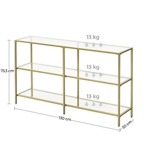 Console table, sofa with 3 shelves, glass shelf, 130 x 30 x 73.3 cm, metal frame, modern, for bedroom living room in the hallway,