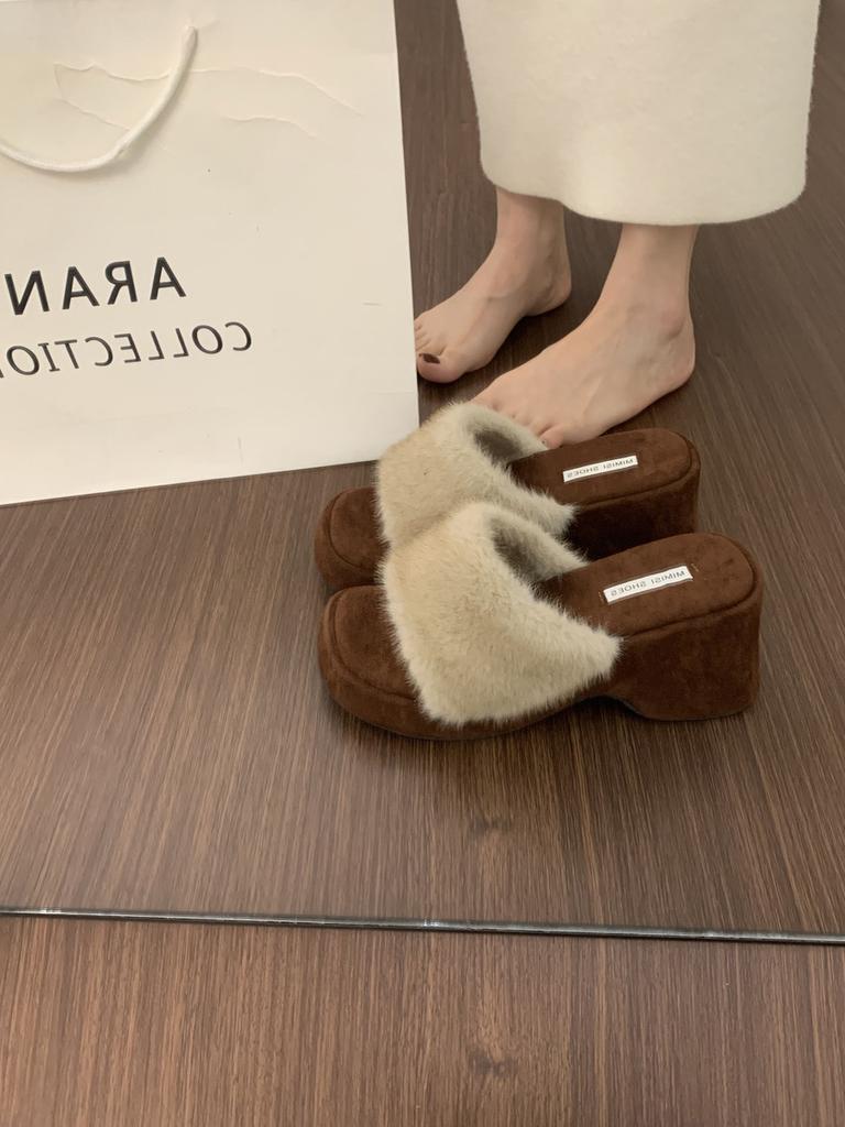 Internet celebrity fairy wind leopard print mink hair one-word drag hairy shoes female outer wear thick soles heightened slope heel home cotton slipp