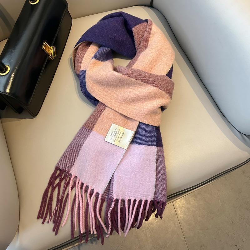 Camel brown 100 pure wool plaid scarf khaki women's winter thickened warm fringed shawl scarf