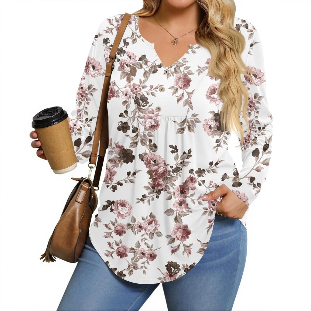 Womens Plus Size Long Sleeve Shirts  V Neck Tunic Tops Basic Loose Fit Tee Tops