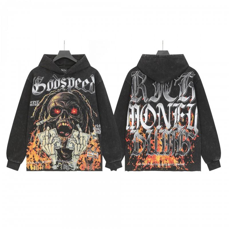 Unisex Vintage Washed Hoodie With Skull Print Loose Fit Streetwear Cotton Sweatshirt Men Women