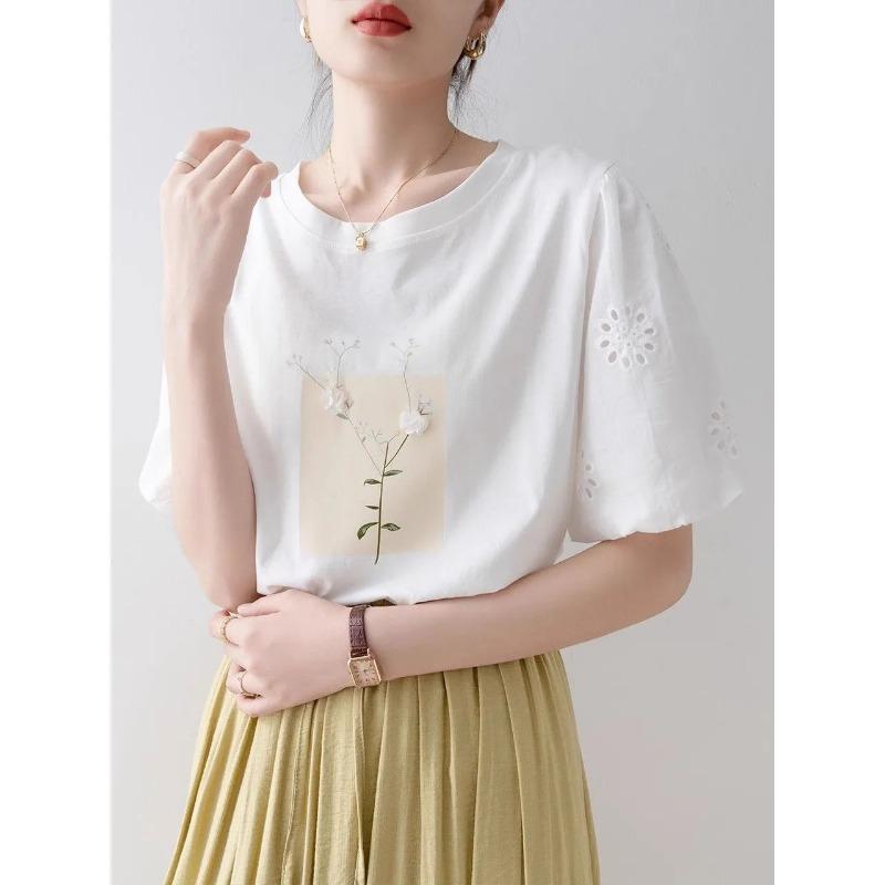 Women s Floral Print Eyelet Embroidery Puff Sleeve T-Shirt S