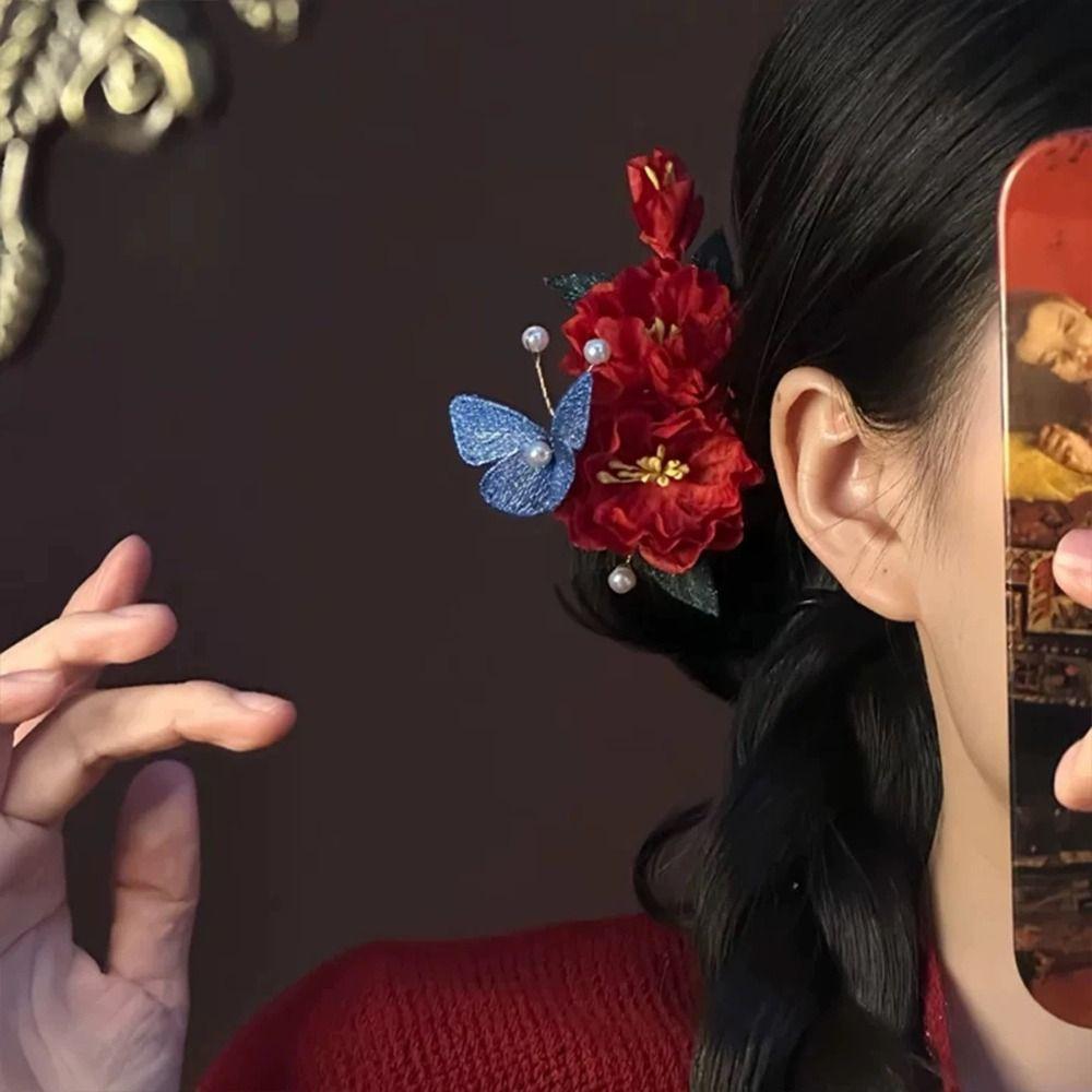 Pearl Wooden Hair Stick Tassel Hanfu Hairpin Classical Red Flower Hair Clip  Hair Chopstick