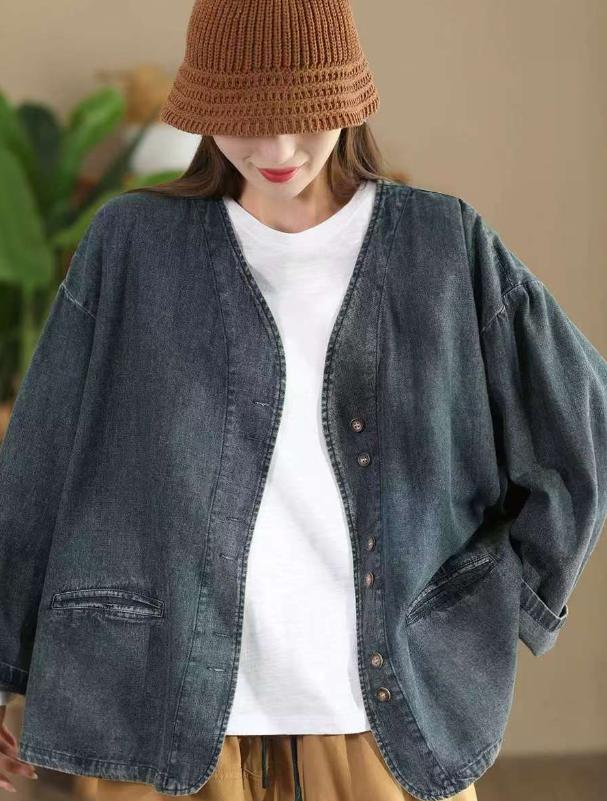 Johnature Dámský podzimní vintage kabát s dlouhým rukávem, módní véčkový výstřih, volný kovbojský kabát, ležérní vintage retro osobitý kabát