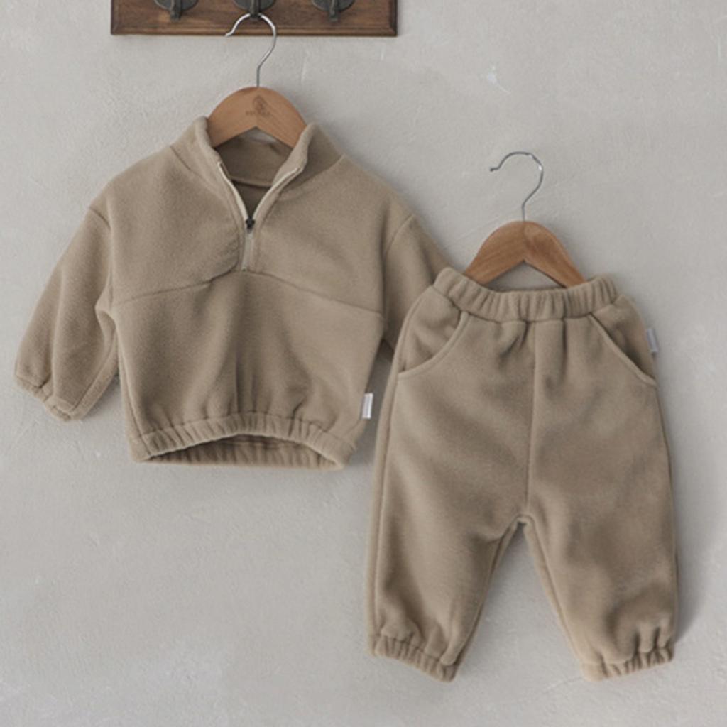 Boys And Girls Solid Color Double-sided Velvet Standing Collar Sports Set With Plush Outer Wear Two-piece Set