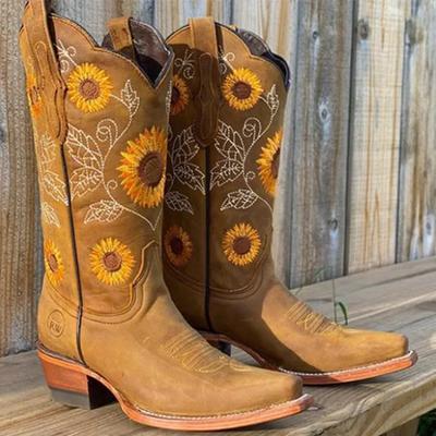 Nuovi stivali da donna marrone caffè ricamati in pelle PU stampata, stivali western da cowboy con scollo a V profondo, stivali casual alti a tubo, classici