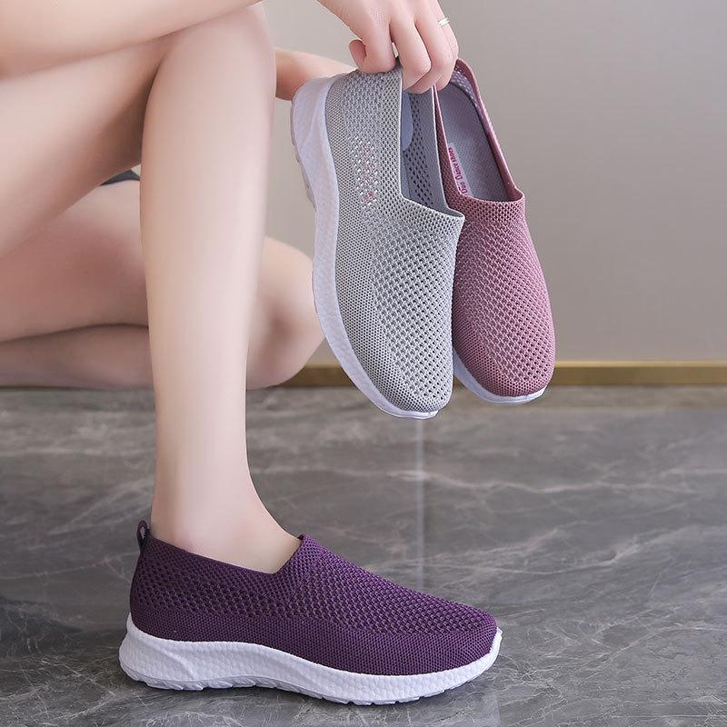 Knitted women's shoes summer hollow mesh mother shoes one pedal shallow mouth flat shoes non-slip lazy shoes