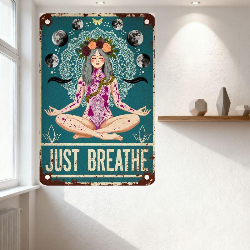 Vintage Bohemian Metal Tin Sign 'Just Breathe' with Moon Phases, Meditation Woman, Floral Crown, Lotus Pose, Mandala Background