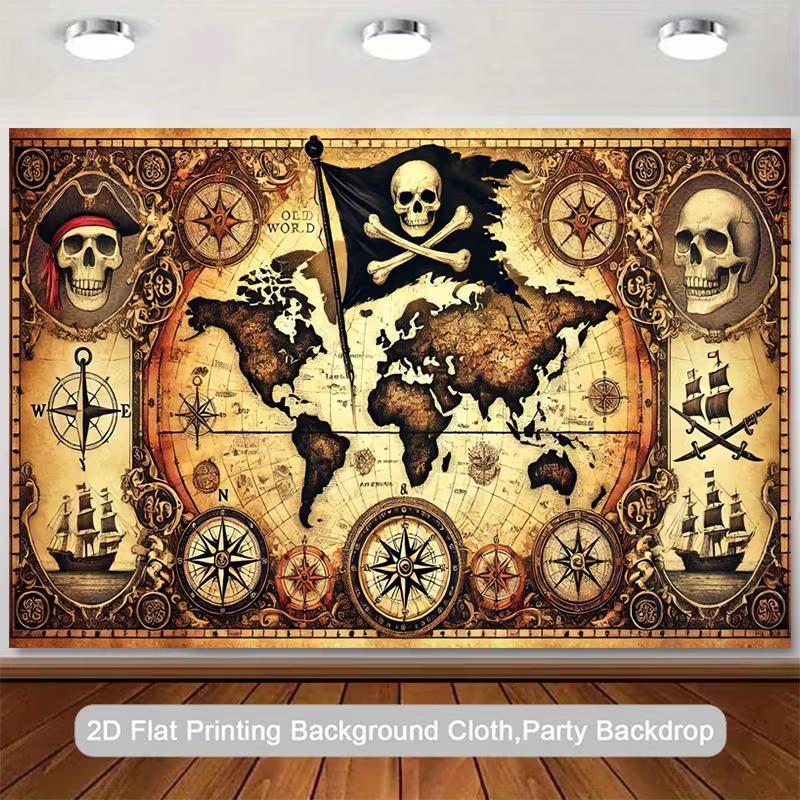Vintage Pirate World Map Tapestry - Skull & Compass Wall Hanging Decor