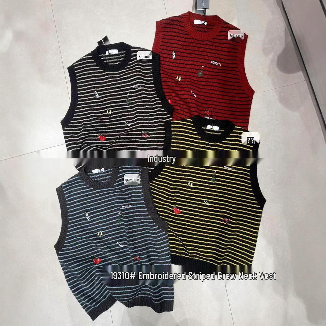 

Xiao Wang s Winter Korean Style Loose Plus Size Striped Embroidered Knit Sweater Vest One Size чорний/жовтий