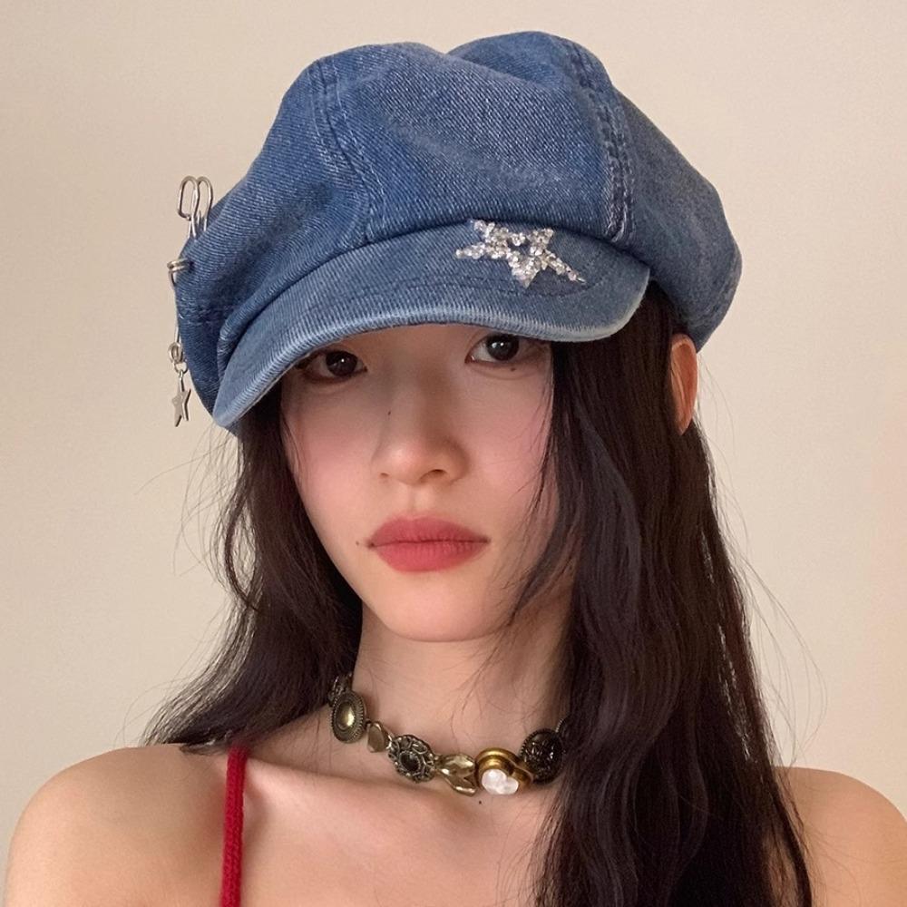 Sweet Vintage Denim Hat Y2K Women Artist Hat Casual Star Pattern Berets Cap  Outdoor
