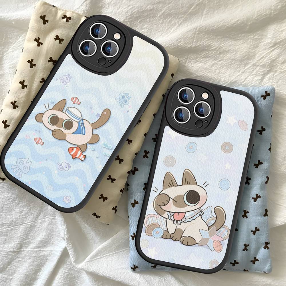 Cartoon Siamesische Katze Paar Handyhülle für iPhone 16 15 14 11 12 13 Pro Max Plus Rückseite Lederhülle
